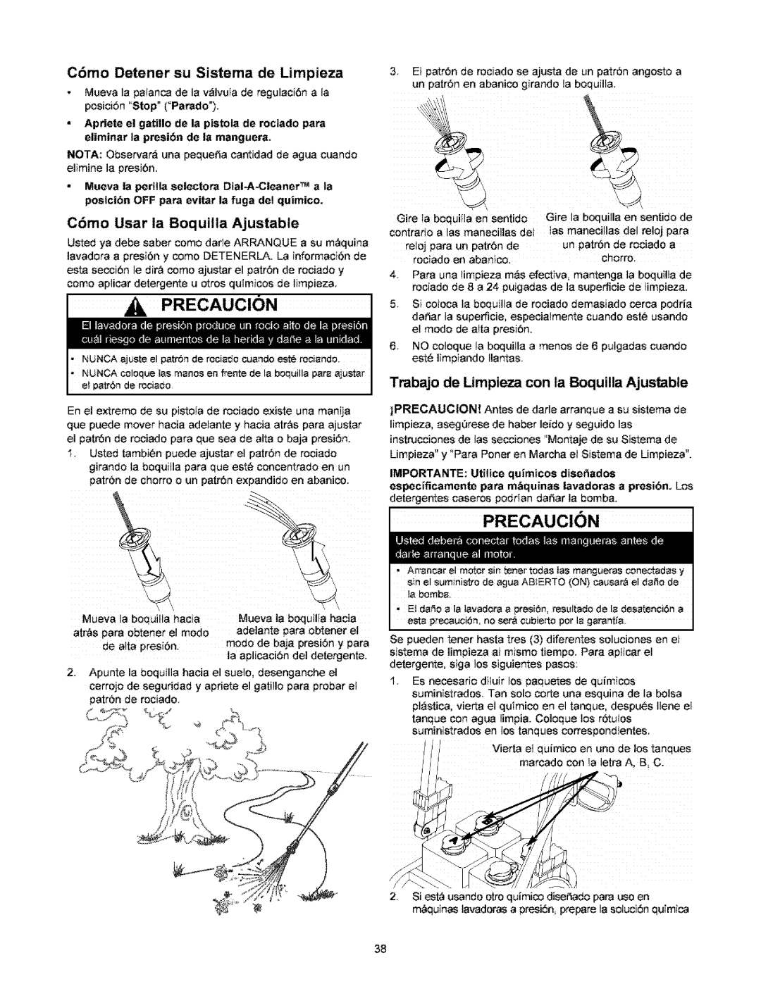 Craftsman 580.767451 owner manual Cemo Detener su Sistema de Limpieza, Cemo Usar la Boquilla Ajustable 