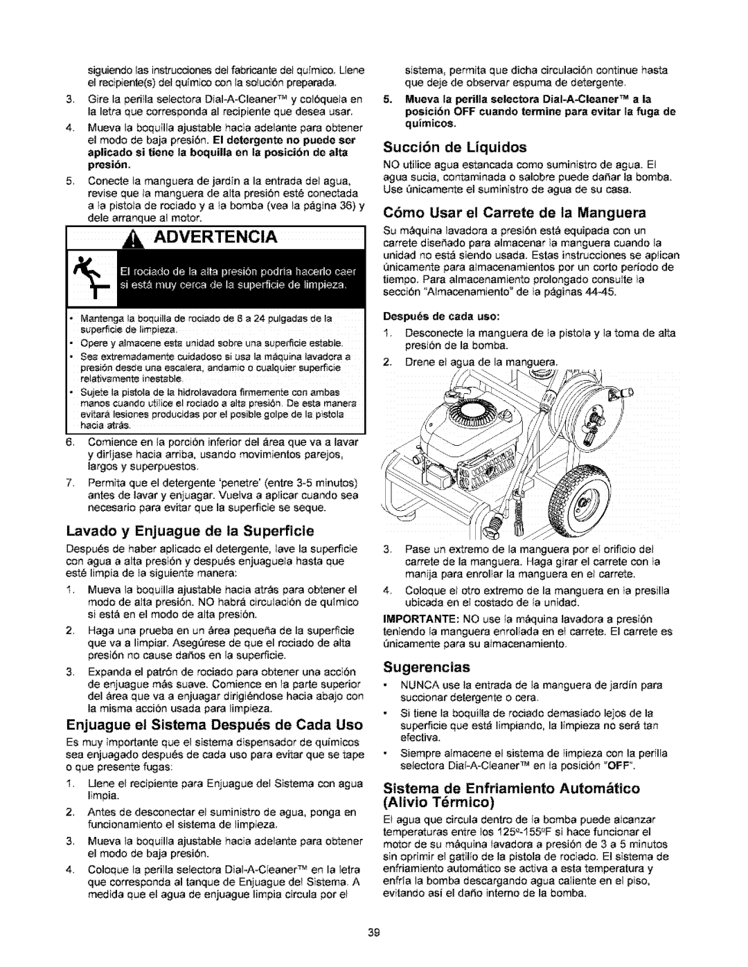 Craftsman 580.767451 Succi6n de Liquidos, C6mo Usar el Carrete de la Manguera, Lavado y Enjuague de la Superficie 