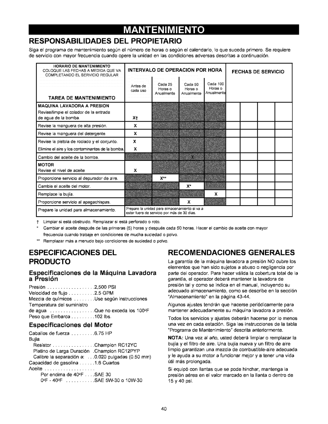 Craftsman 580.767451 Responsabilidades DEL Propietario, Especificaciones DEL Producto, Recomendaciones Generales 