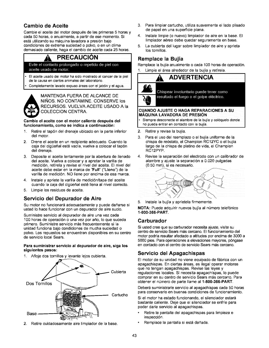 Craftsman 580.767451 owner manual Cambio de Aceite, Remplace la Bujia, Servicio del Depurador de Aire, Carburador 