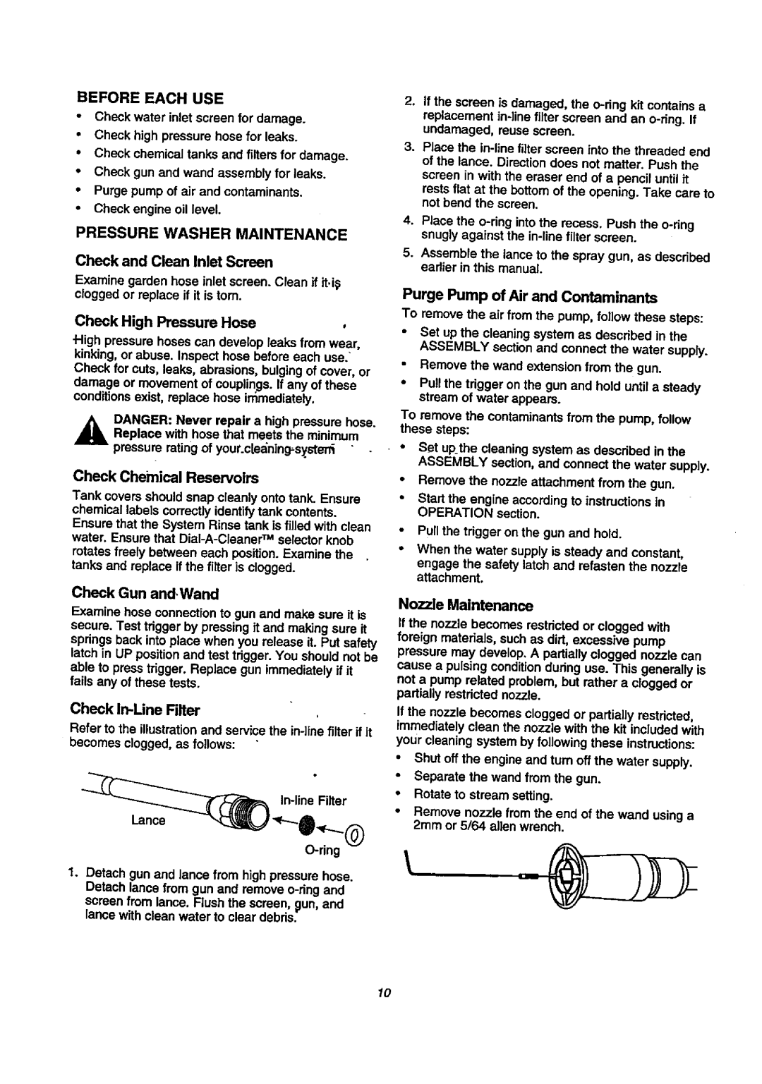 Craftsman 580.768020 manual Check Chemical Reservoirs, Check Gun and.Wand, Nozzle Maintenance, Before Each USE 