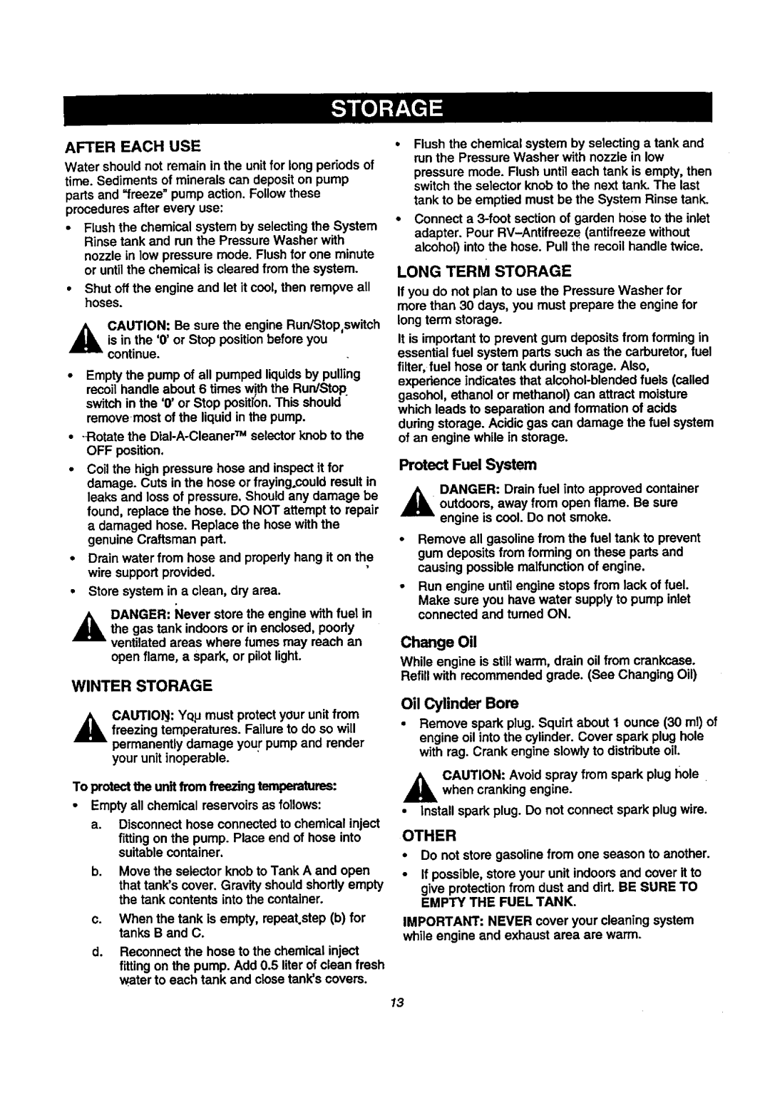 Craftsman 580.768020 manual Winter Storage, Long Term Storage, Protect Fuel System 