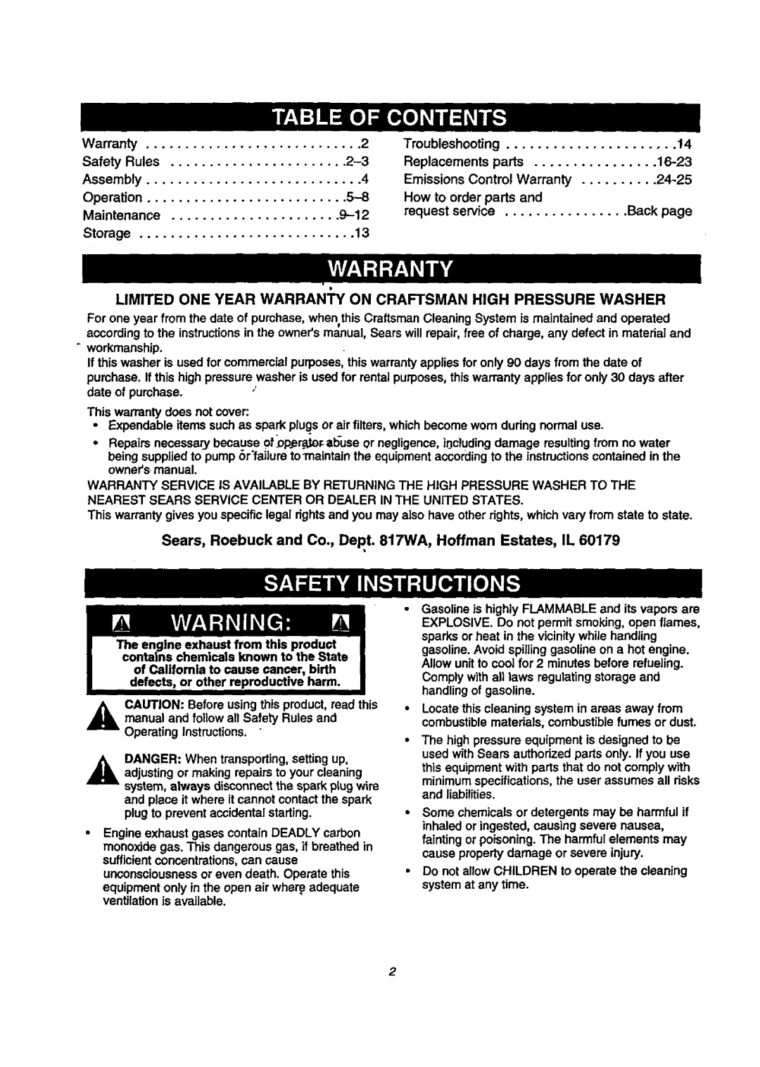 Craftsman 580.768020 manual Limited ONE Year WARRANt on Craftsman High Pressure Washer 