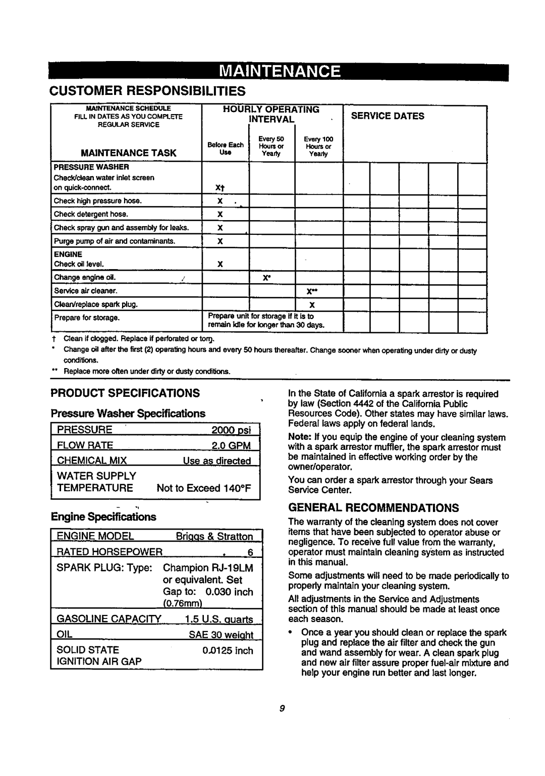 Craftsman 580.768020 Maintenance Task, Hourly Operating Interval Service Dates, Pressure, Flow Rate, Chemical MIX, RJ-19LM 