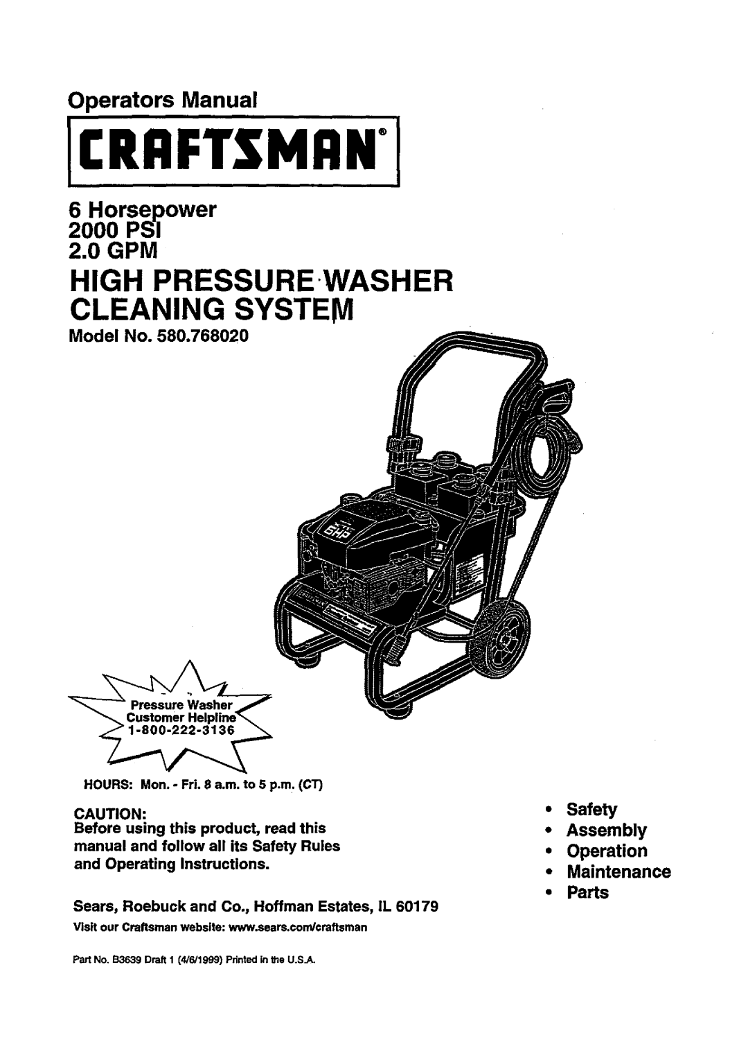 Craftsman 580.768020 manual Icraftsmani, Cleaning System, High Pressurewasher, Operators Manual, r lPwer, 2.0 GPM 