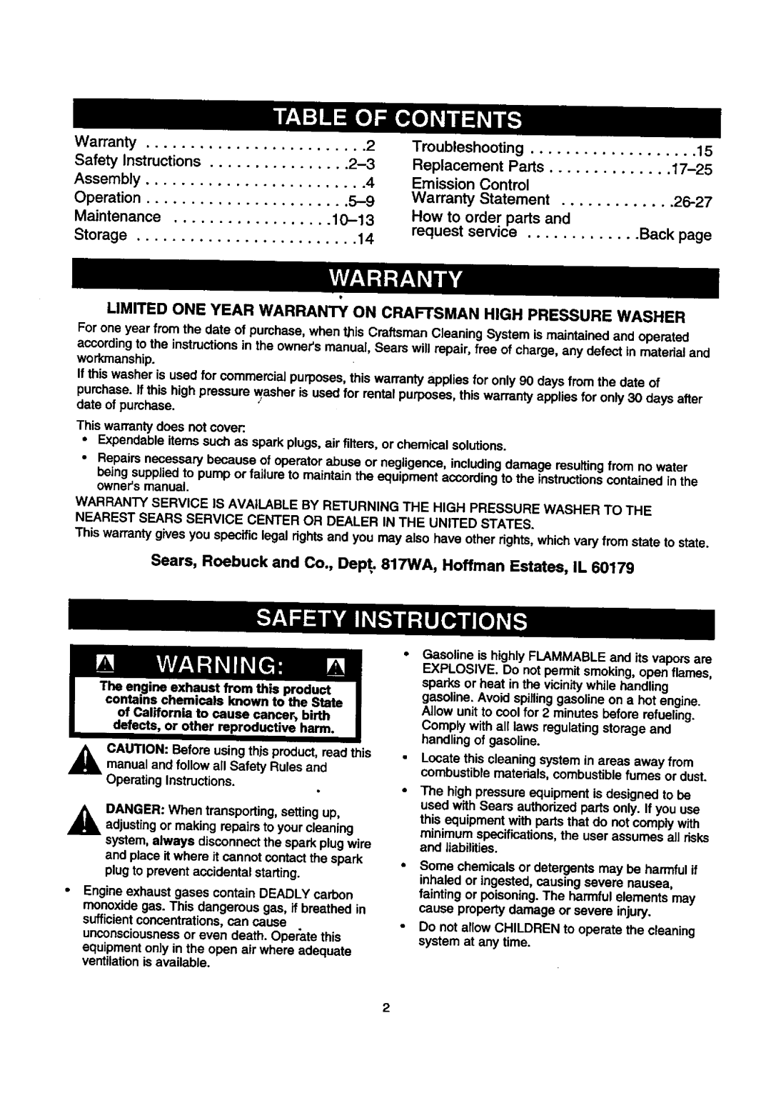 Craftsman 580.768030 operating instructions Limited ONE Year Warranty on Craftsman High Pressure Washer 