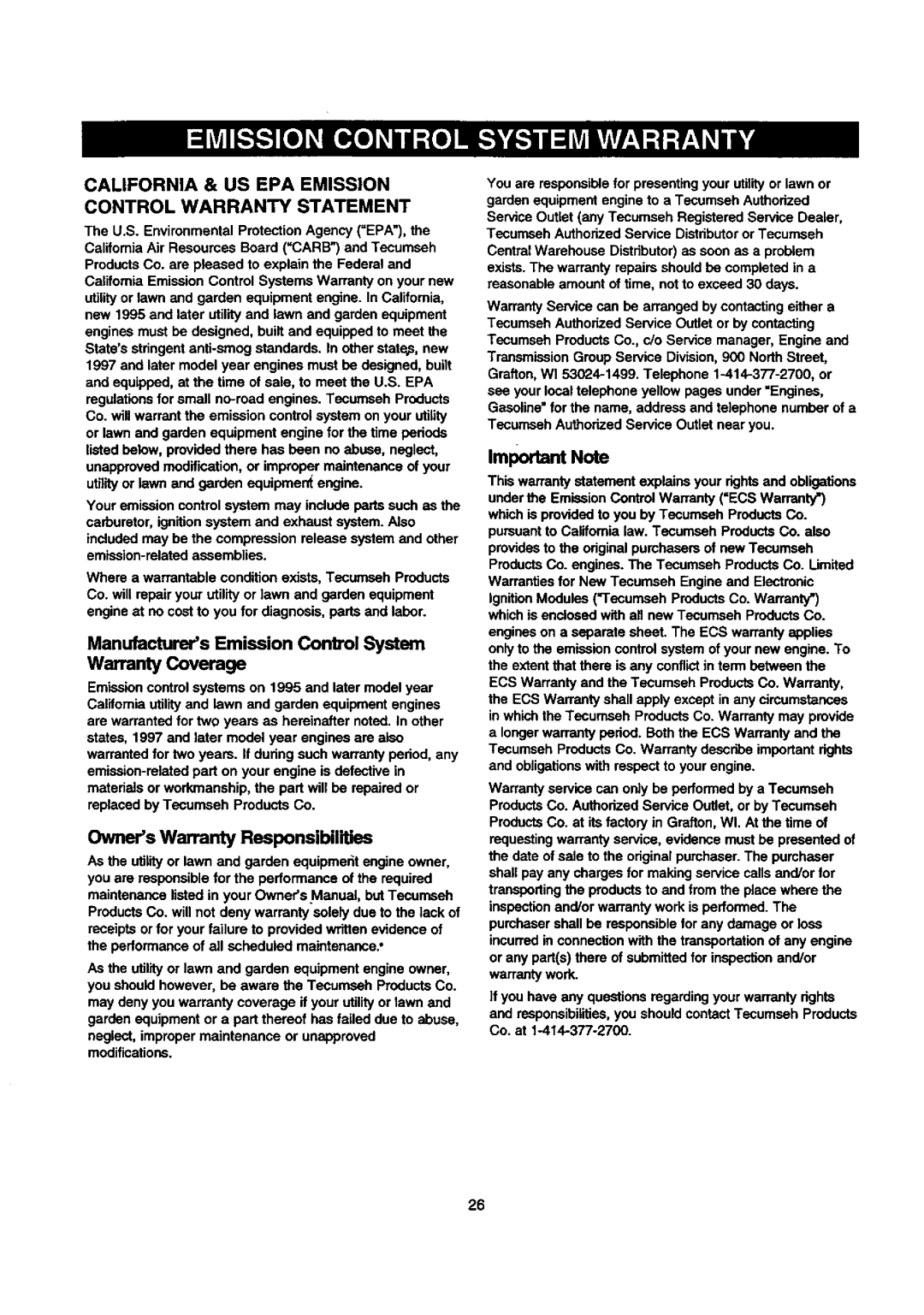 Craftsman 580.768030 California & US EPA Emission Control Warranty Statement, Manufacturers Emission Control System 