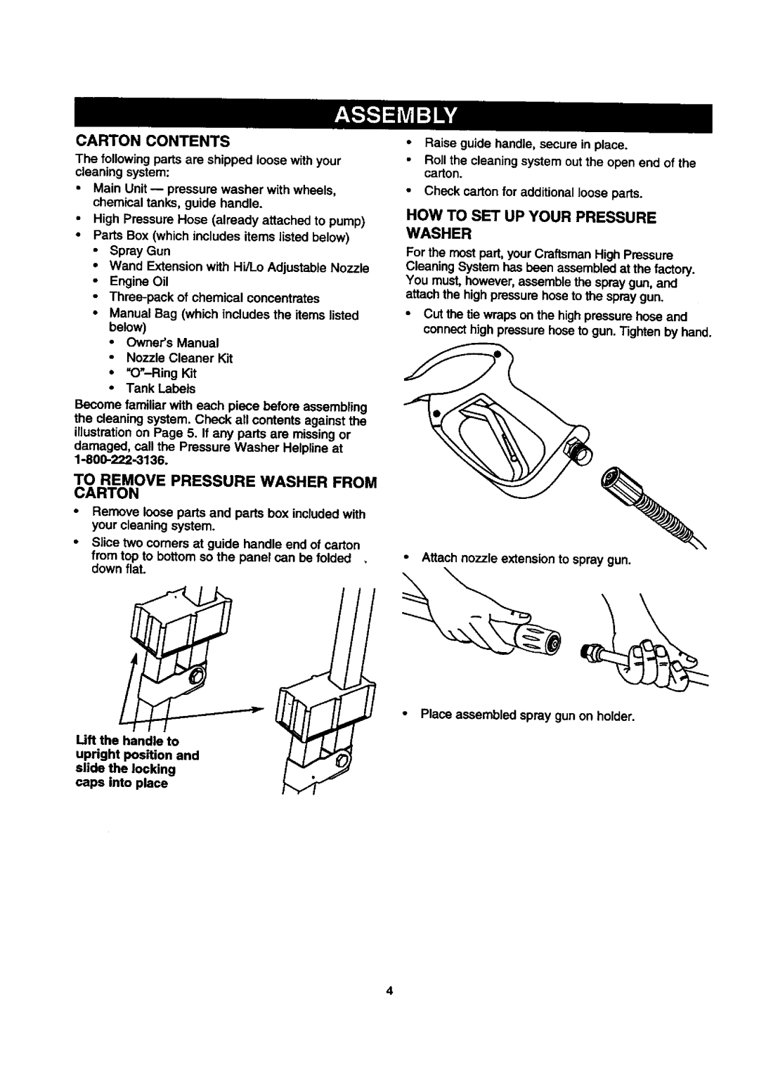 Craftsman 580.768030 Carton Contents, To Remove Pressure Washer from Carton, HOW to SET UP Your Pressure Washer 