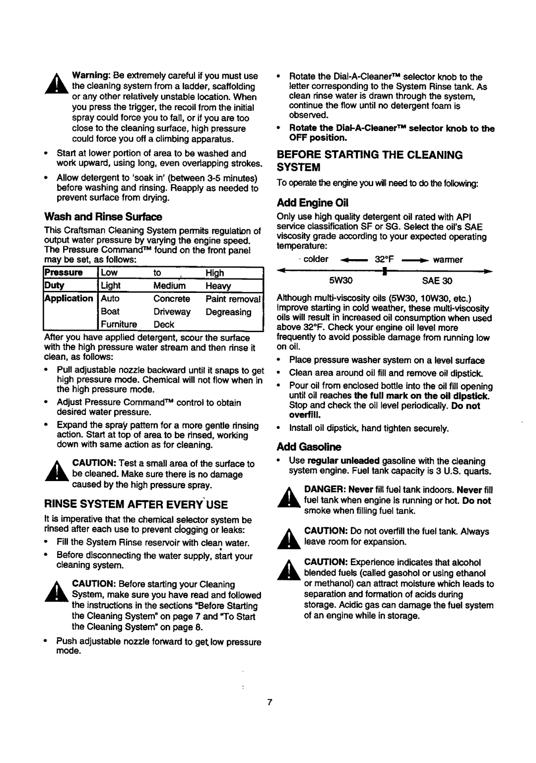 Craftsman 580.768030 Wash and Rinse Surface, Rinse System After Everyuse, Before Starting the Cleaning System 