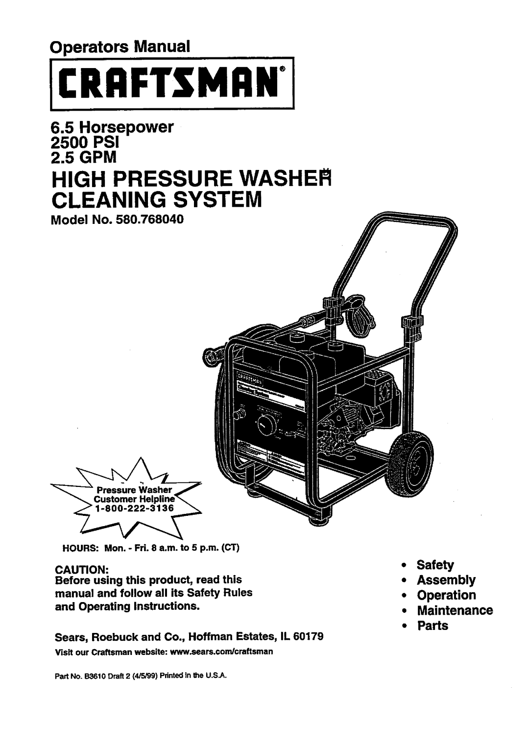 Craftsman 580.76804 manual Model No, Safety Assembly Operation Maintenance Parts 