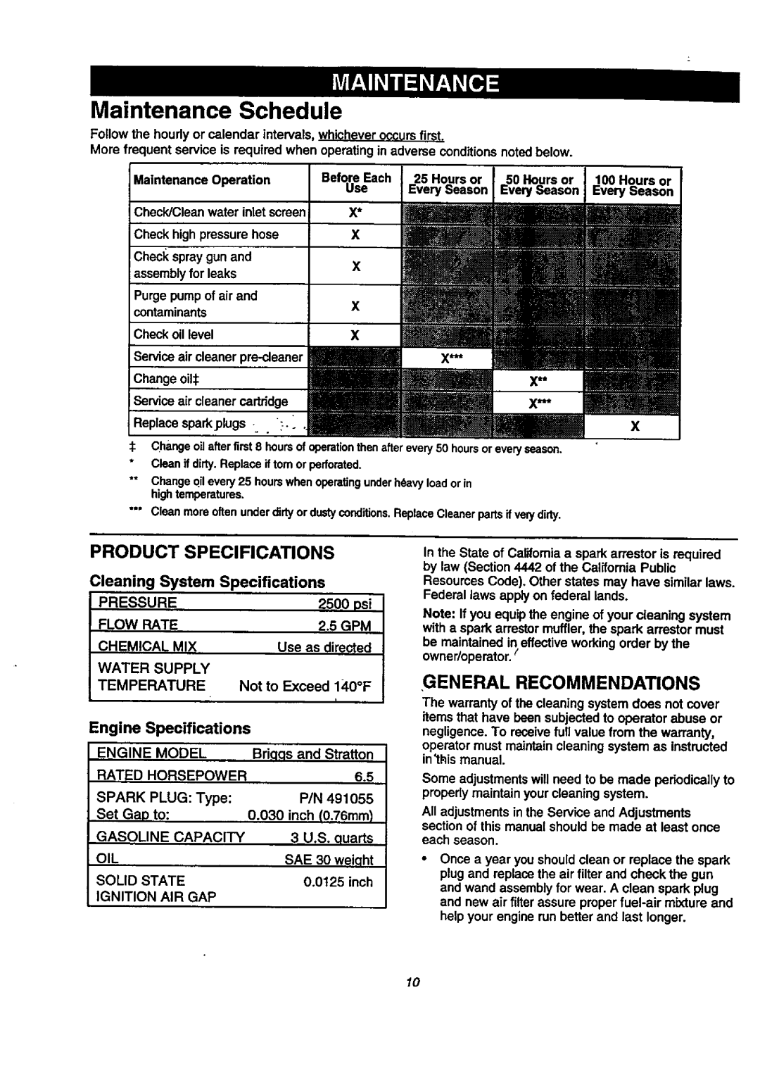 Craftsman 580.76804 manual General Recommendations, Product Specifications, Cleaning System Specifications 