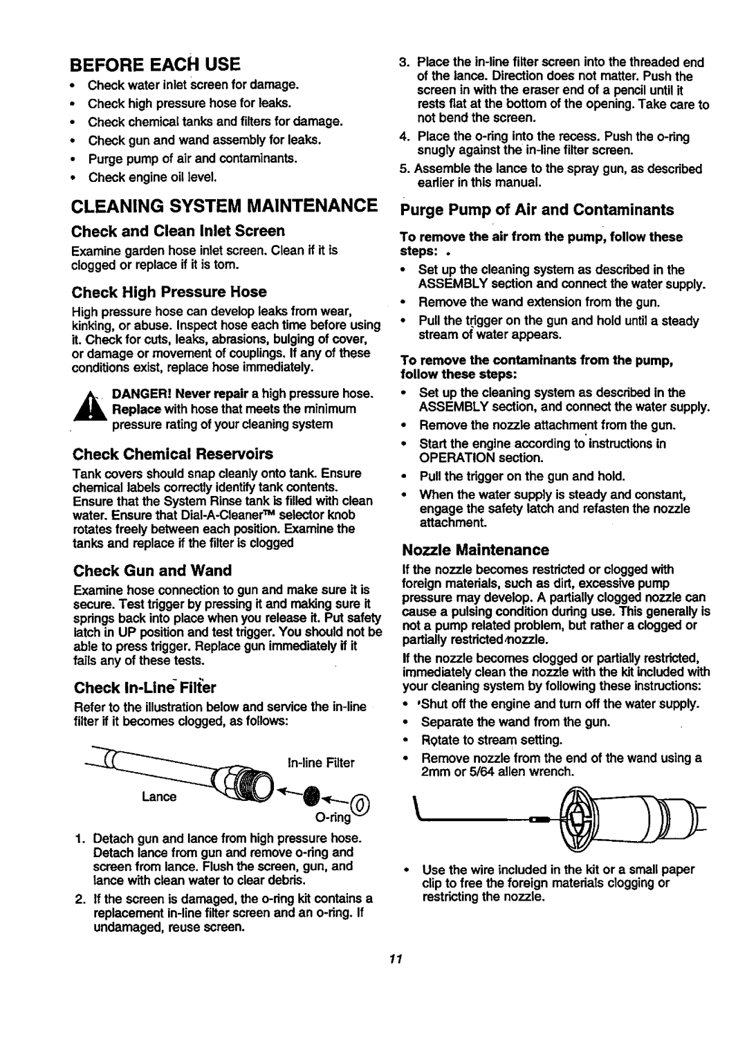 Craftsman 580.76804 manual Before Each USE, Cleaning System Maintenance 