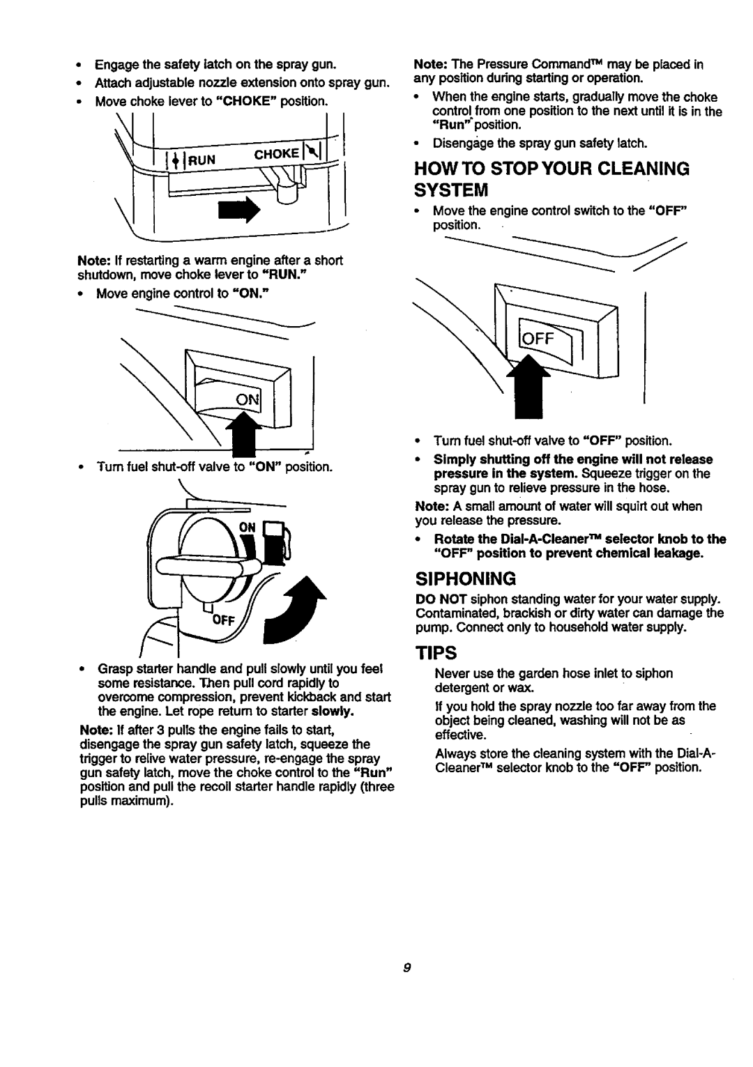 Craftsman 580.76804 manual Siphoning, Tips, OW to Stop Your Cleaning 