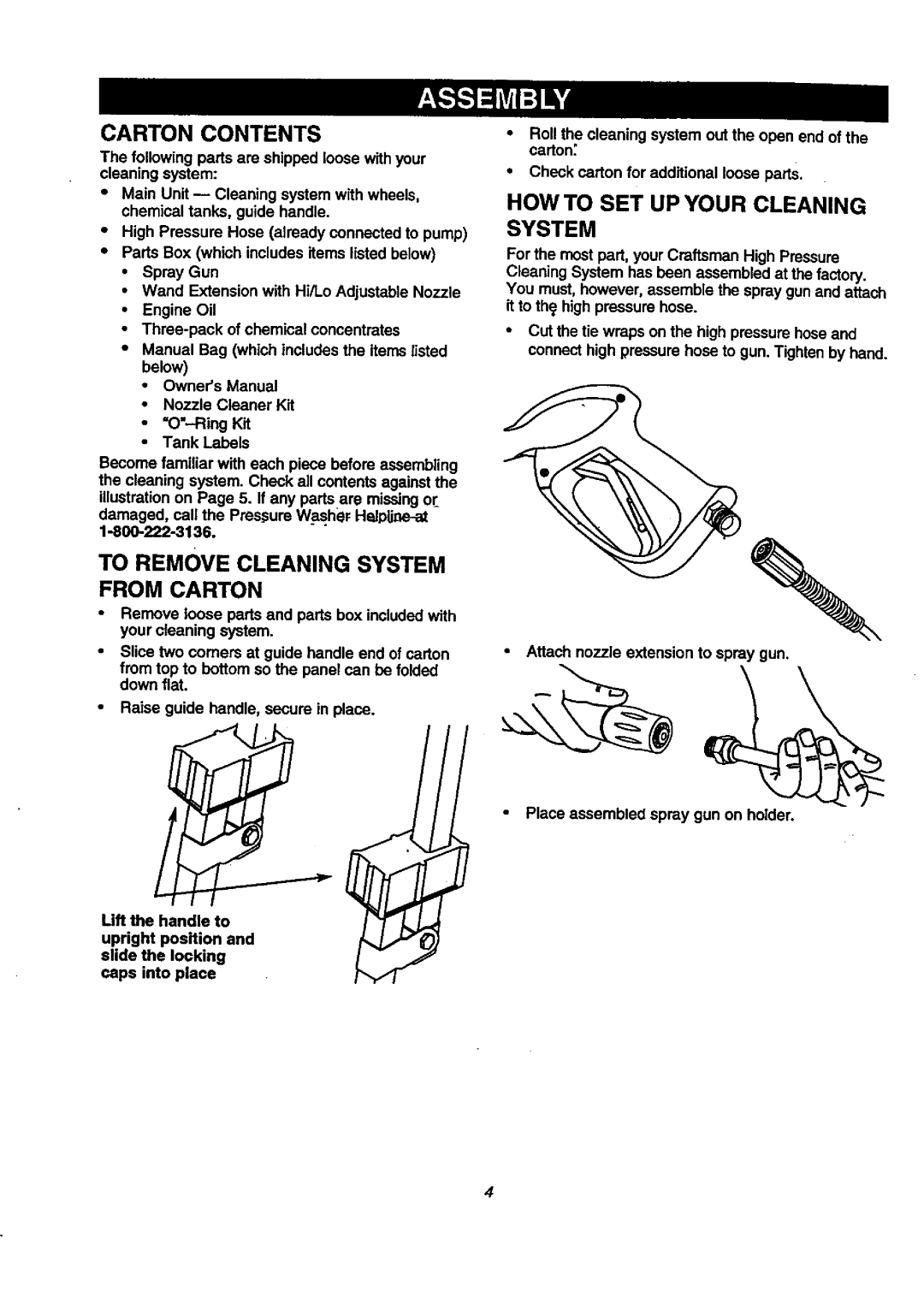 Craftsman 580.76804 manual Carton Contents, To Remove Cleaning System, From Carton, How To Set Up Your Cleaning System 