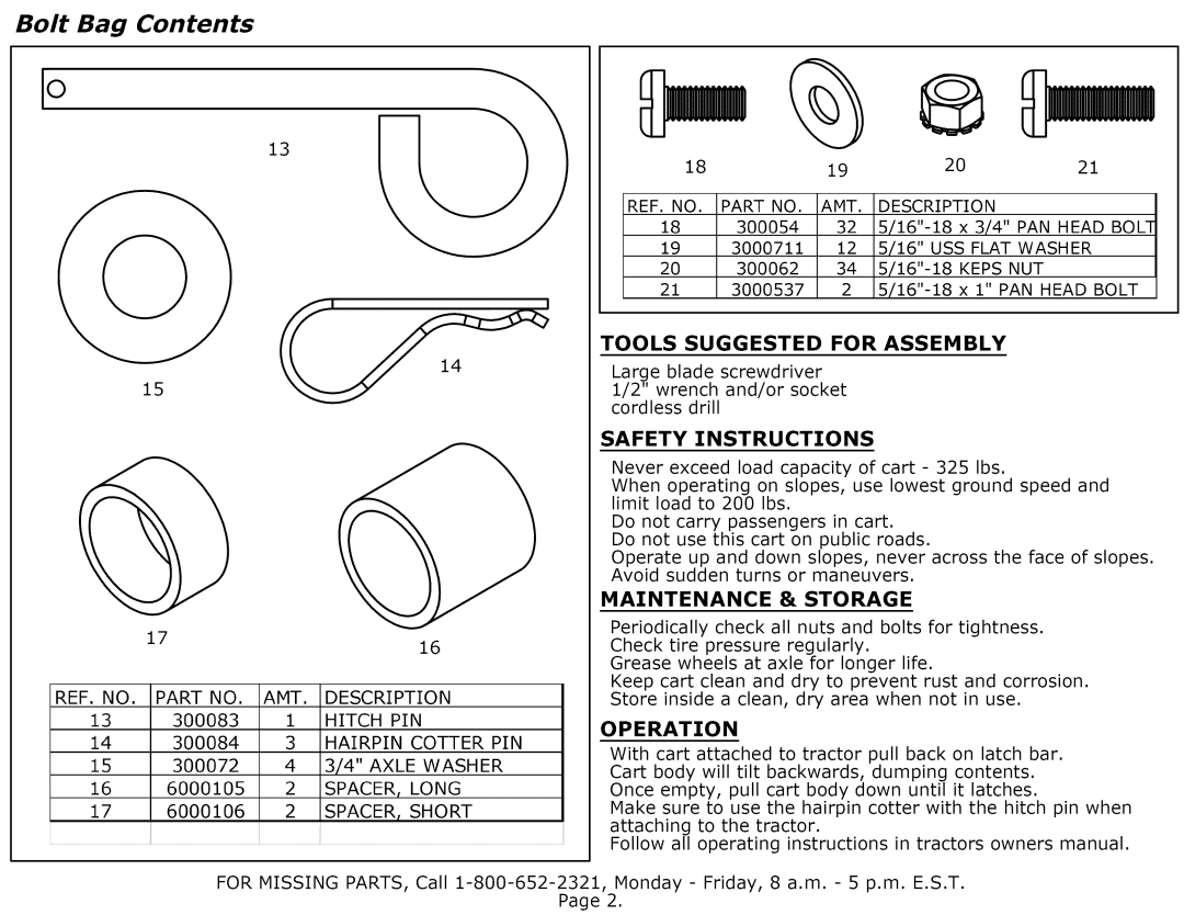 Craftsman 610.24489 manual Bolt Bag Contents 