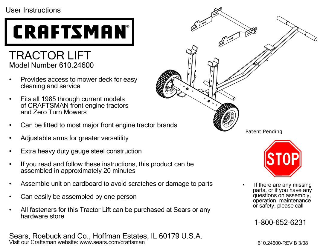 Craftsman 610.246 manual Tractor Lift 