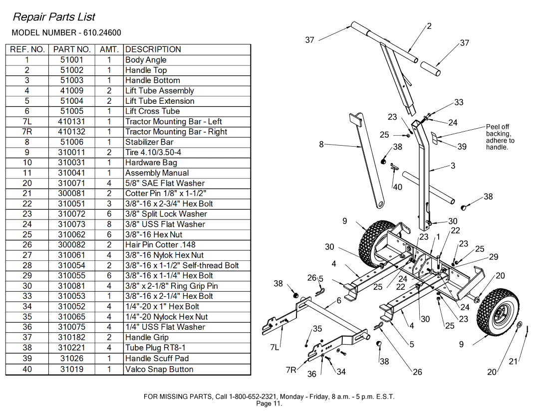 Craftsman 610.246 manual Repair Parts List, Model Number 7R 36 