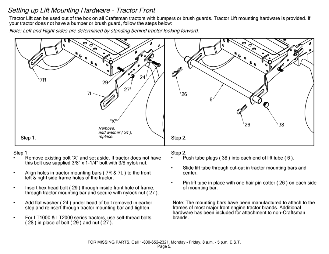 Craftsman 610.246 manual Setting up Lift Mounting Hardware Tractor Front 