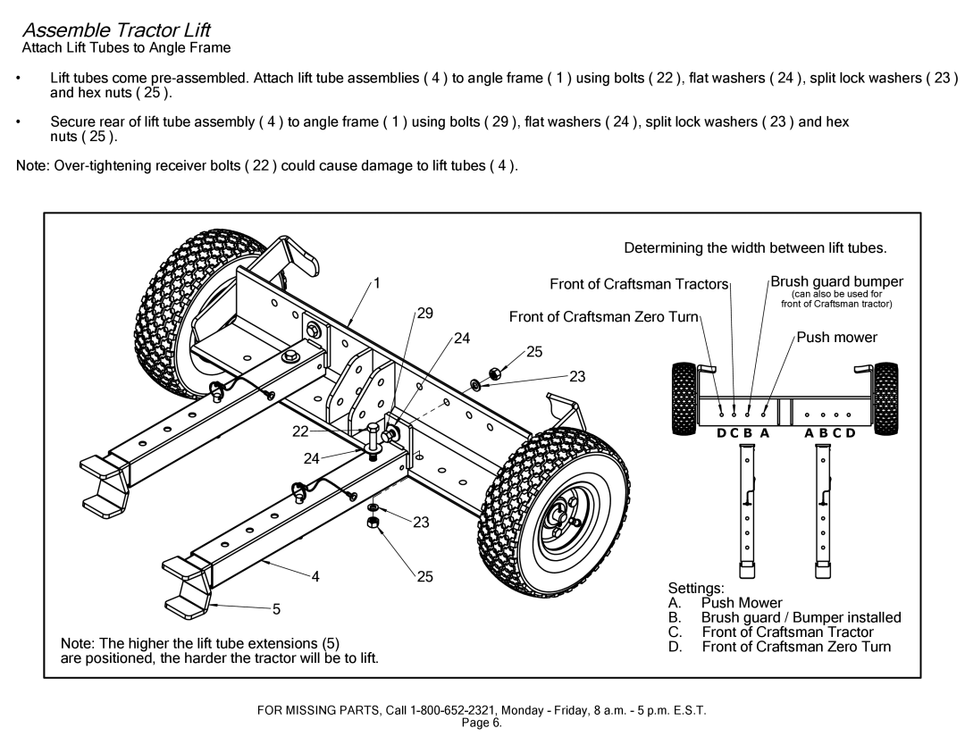 Craftsman 610.246 manual Assemble Tractor Lift 