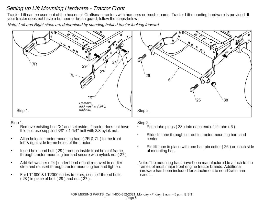 Craftsman 610.24600 manual Setting up Lift Mounting Hardware Tractor Front, Replace 