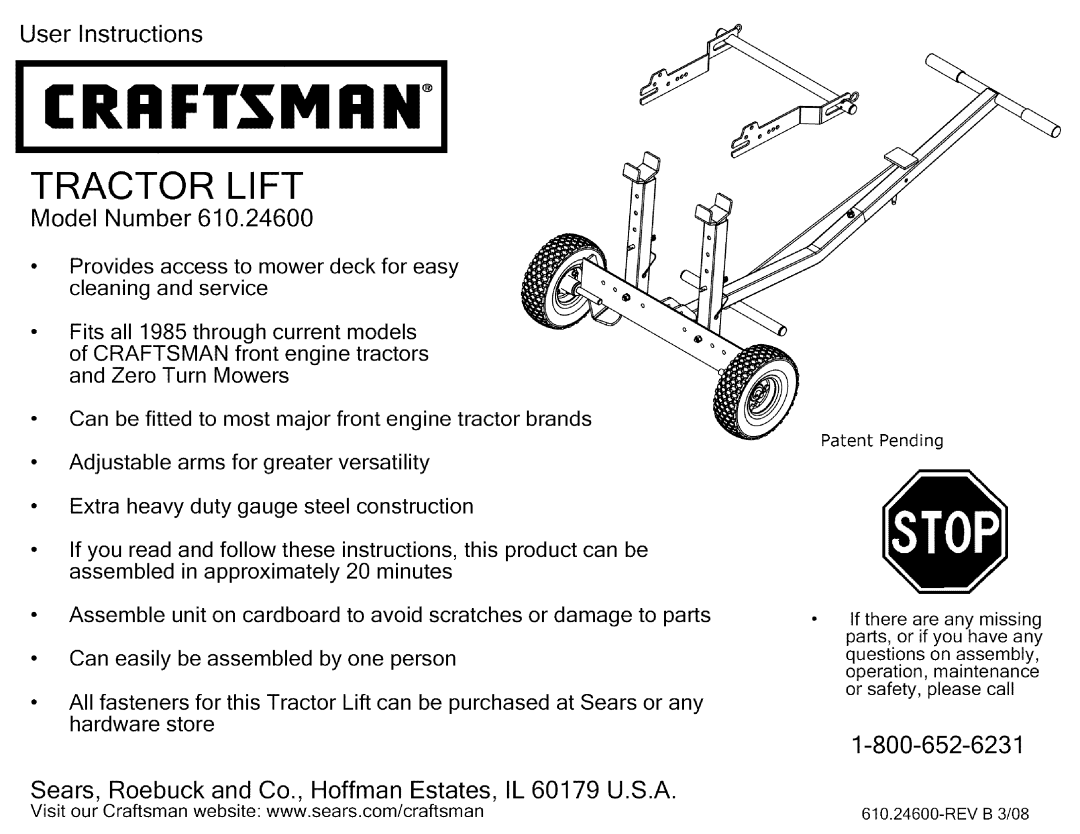 Craftsman 610.24600 manual User Instructions, Model Number, I Ra, Tractor Lif 