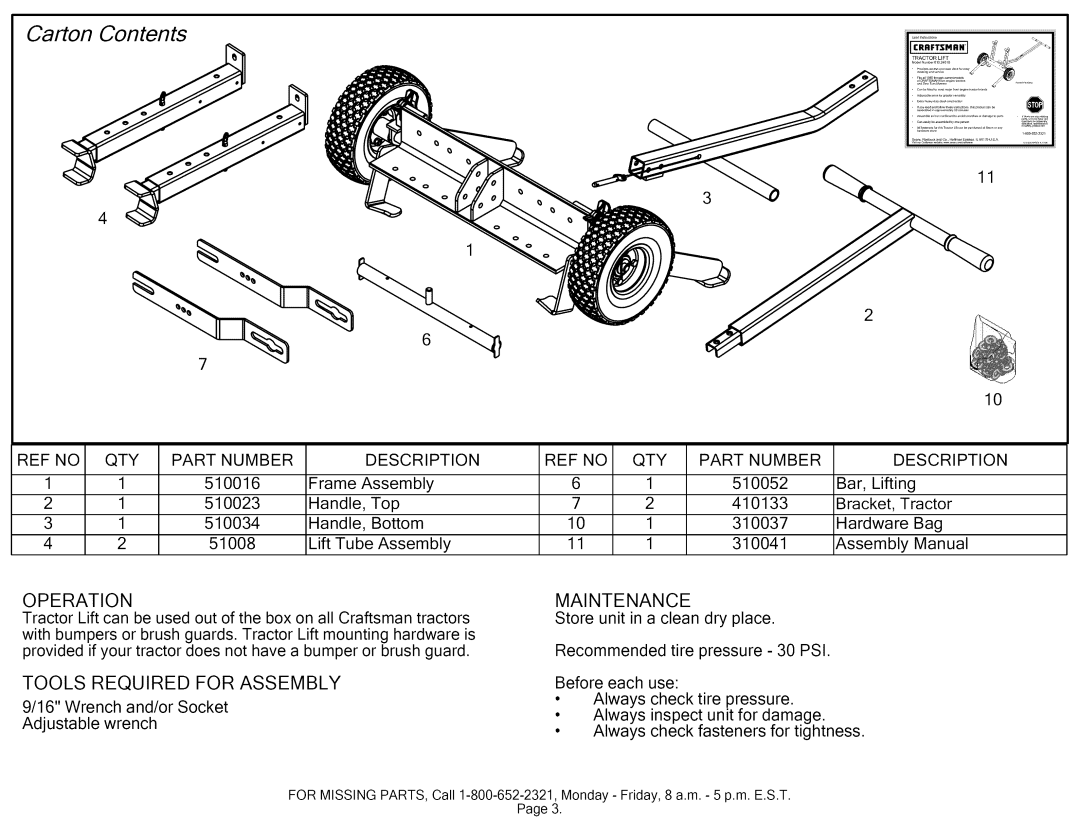 Craftsman 610.24610 manual Carton Contents 