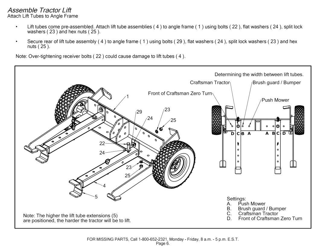 Craftsman 610.24610 manual Assemble Tractor Lift 