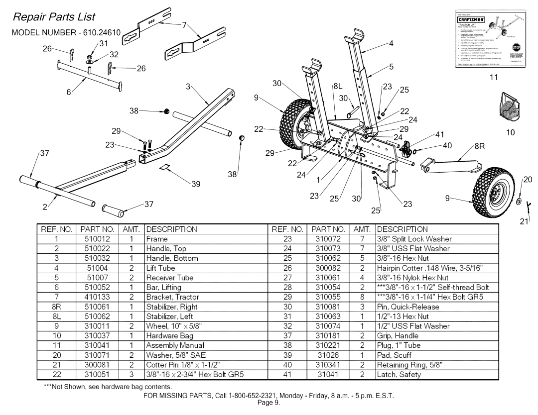 Craftsman 610.24610 manual Repair Parts, REF. no 