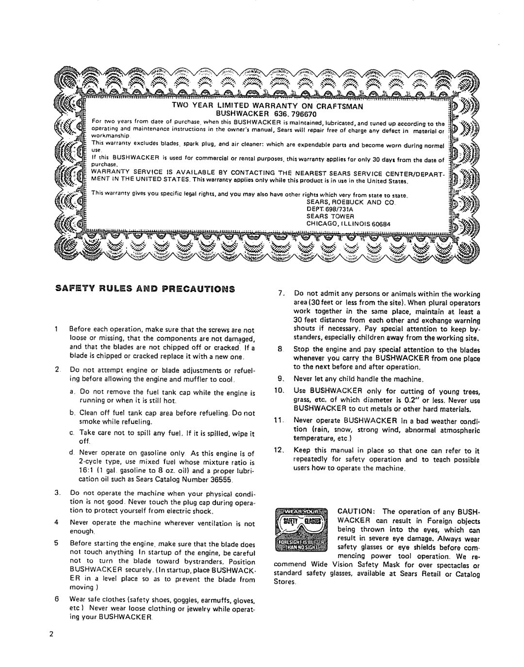 Craftsman 636.79667 manual Safety Rules and Precautiohs, Bushwacker, Commend Wide Vision Safety Mask for over spectacles or 