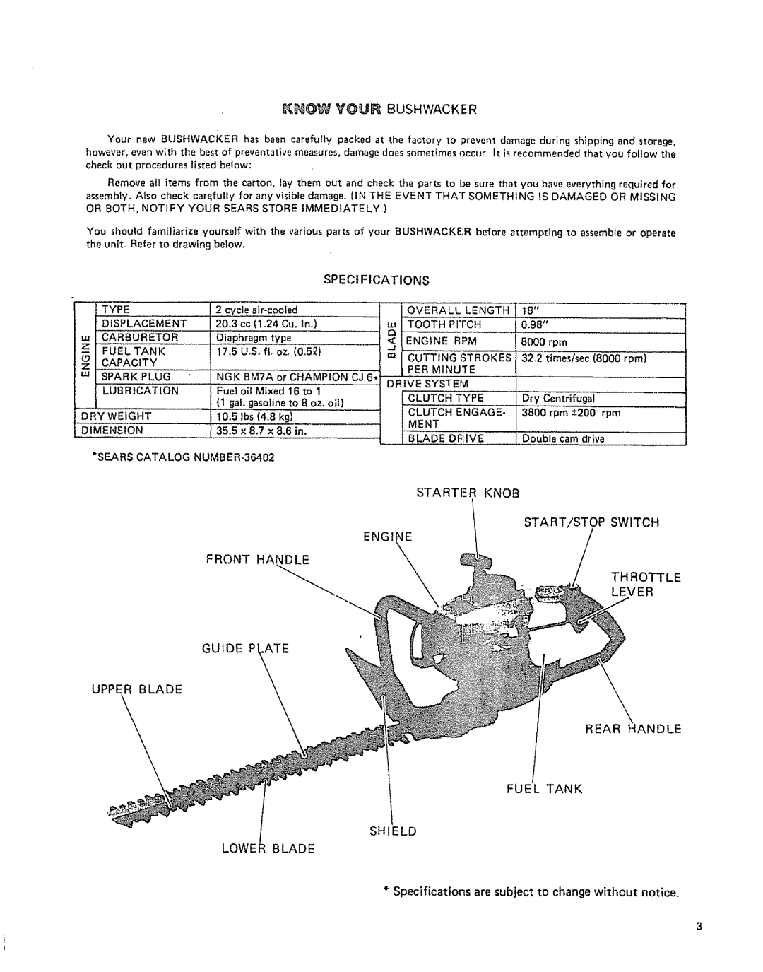 Craftsman 636.79667 Know Your Bushwacker, Specifications, TH Rottle Lever Rear Handle Fuel Tank Shield Lower Blade, 35.5 