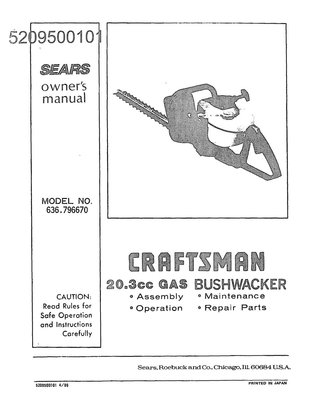 Craftsman 636.79667 manual owners, e Assembly, o Maintenance, Operation, o Repair, Parts, Read Rules for, Safe, Carefully 