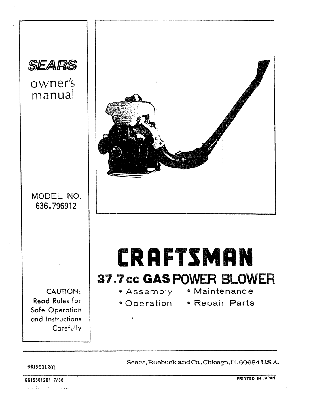 Craftsman 636.796912 owner manual IRRF$MRtl, Prnted Japan 