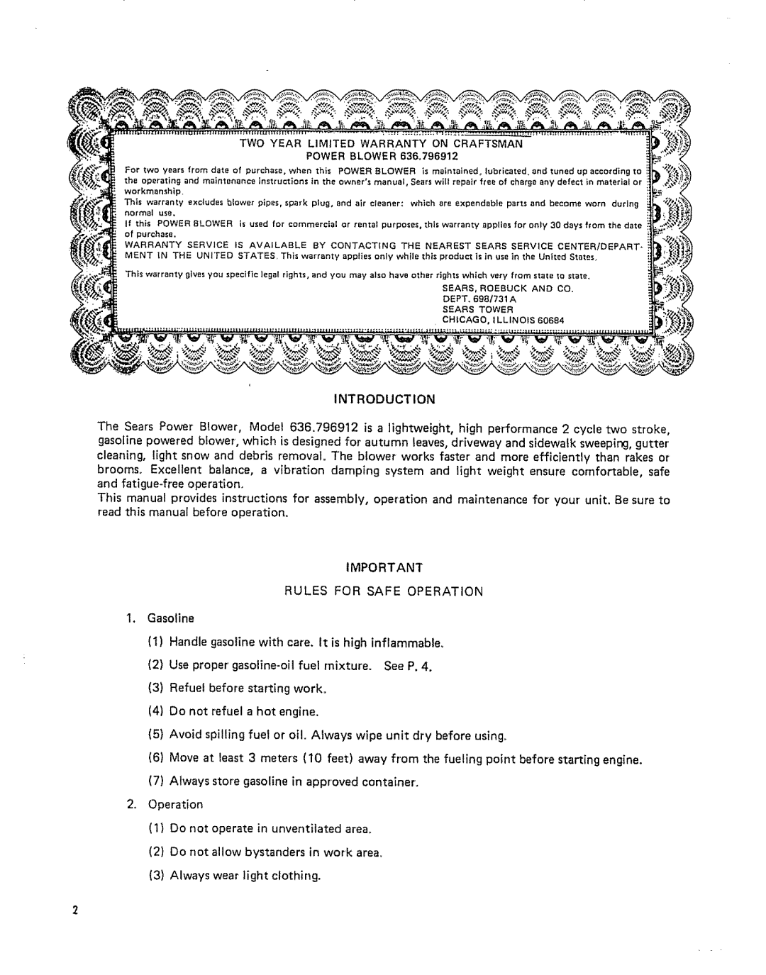 Craftsman 636.796912 owner manual Introduction, Rules for Safe Operation, Sears Tower CHICAGO, 1LLINOIS 