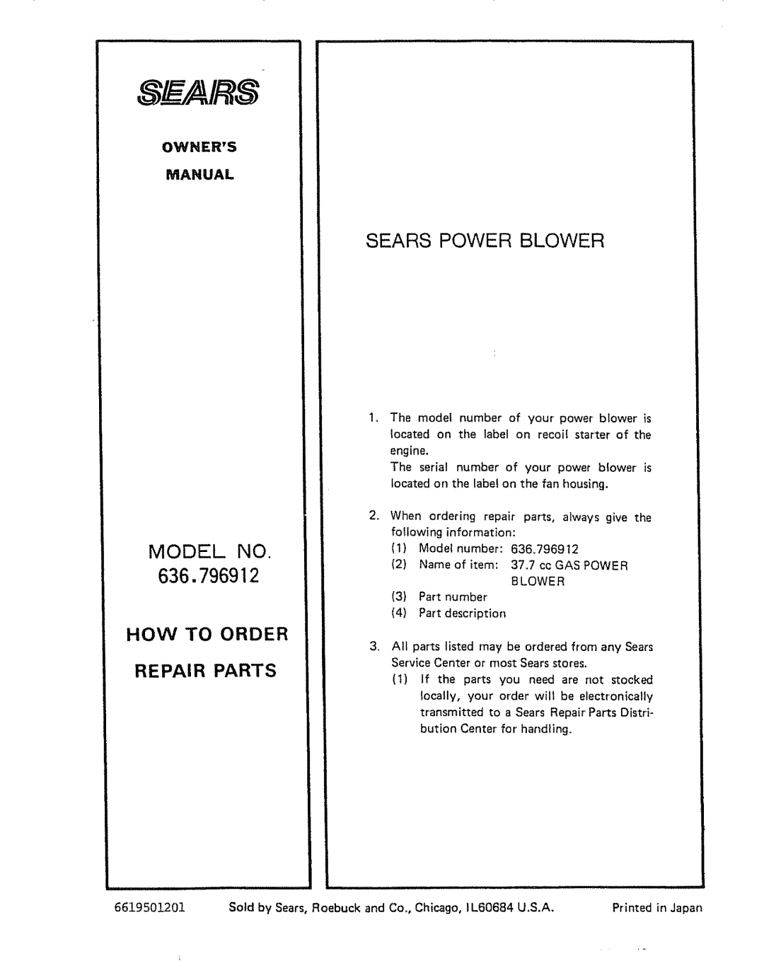 Craftsman 636.796912 owner manual Model No, Sears Power Blower, How To Order, Repair Parts, 6619501201 