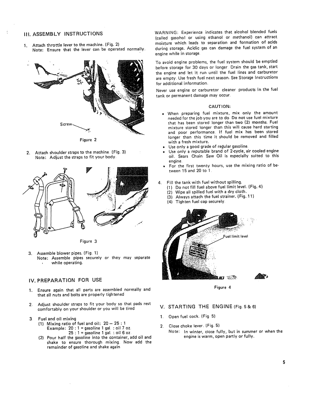 Craftsman 636.796912 owner manual Iii.Assembly Instructions, Iv. Preparation For Use, Vo STARTING THE ENGINEFig 5&6 