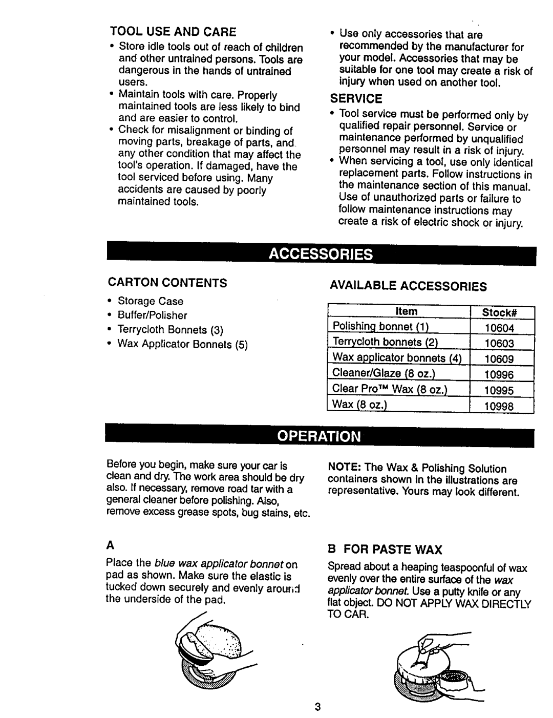 Craftsman 646.1062 owner manual Tool USE and Care, Service, Carton Contents, Available Accessories, For Paste WAX 