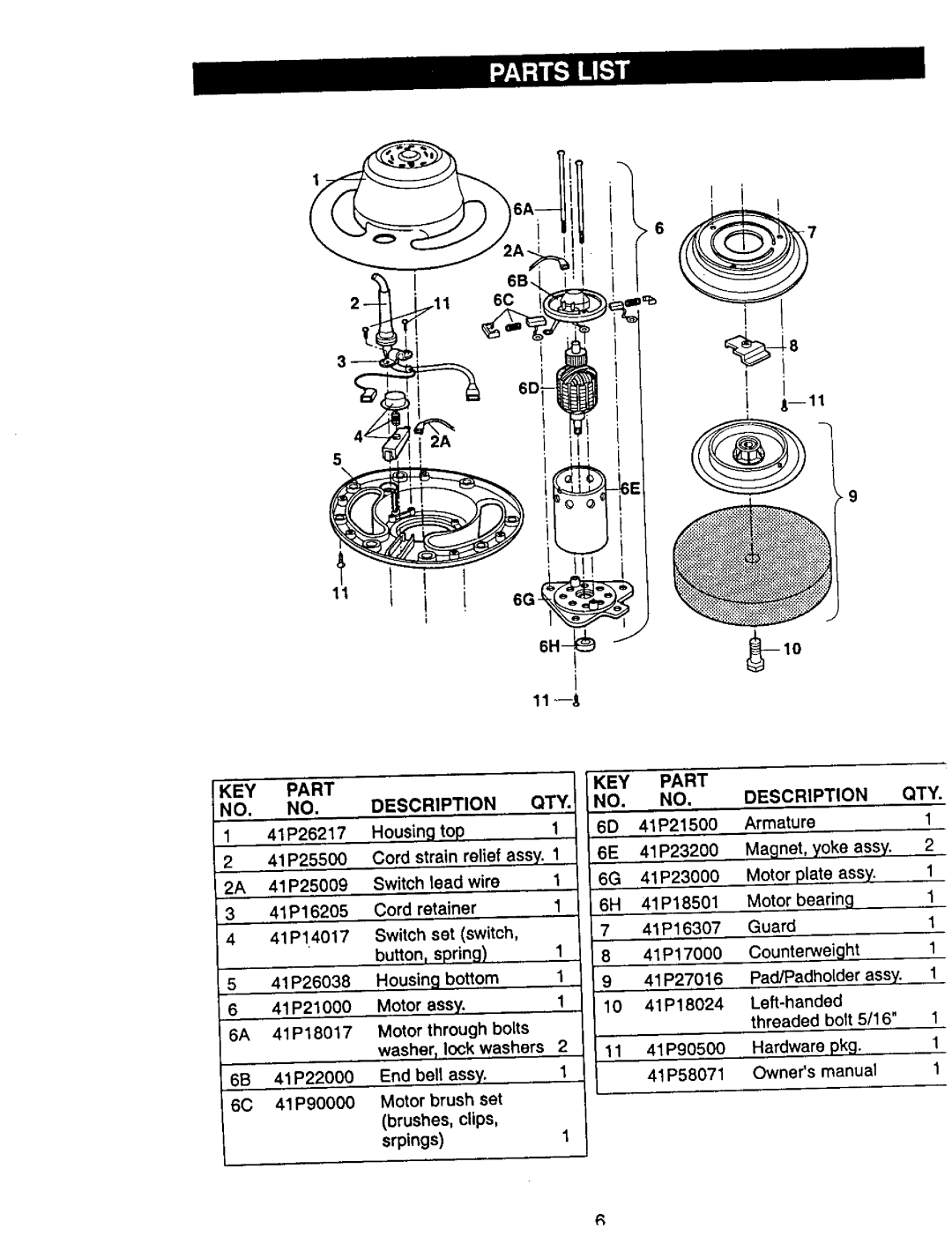 Craftsman 646.1062 owner manual Description QTY KEY Part 