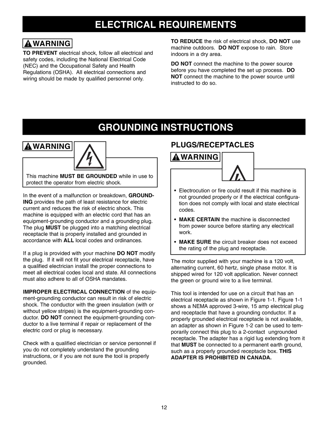 Craftsman 65100 user manual Electrical Requirements, Grounding Instructions, Plugs/Receptacles 