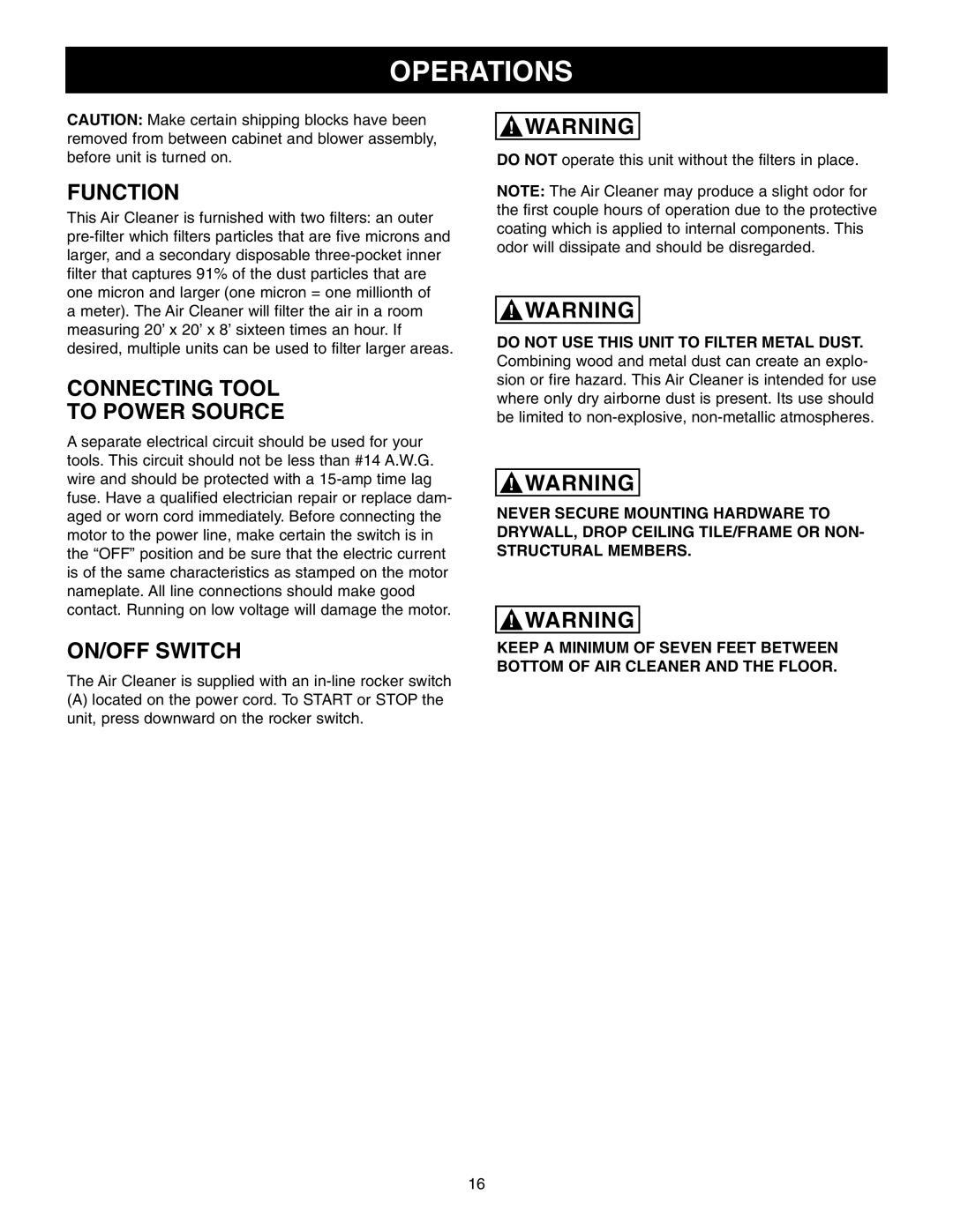 Craftsman 65100 user manual Operations, Function, Connecting Tool To Power Source, ON/OFF Switch 