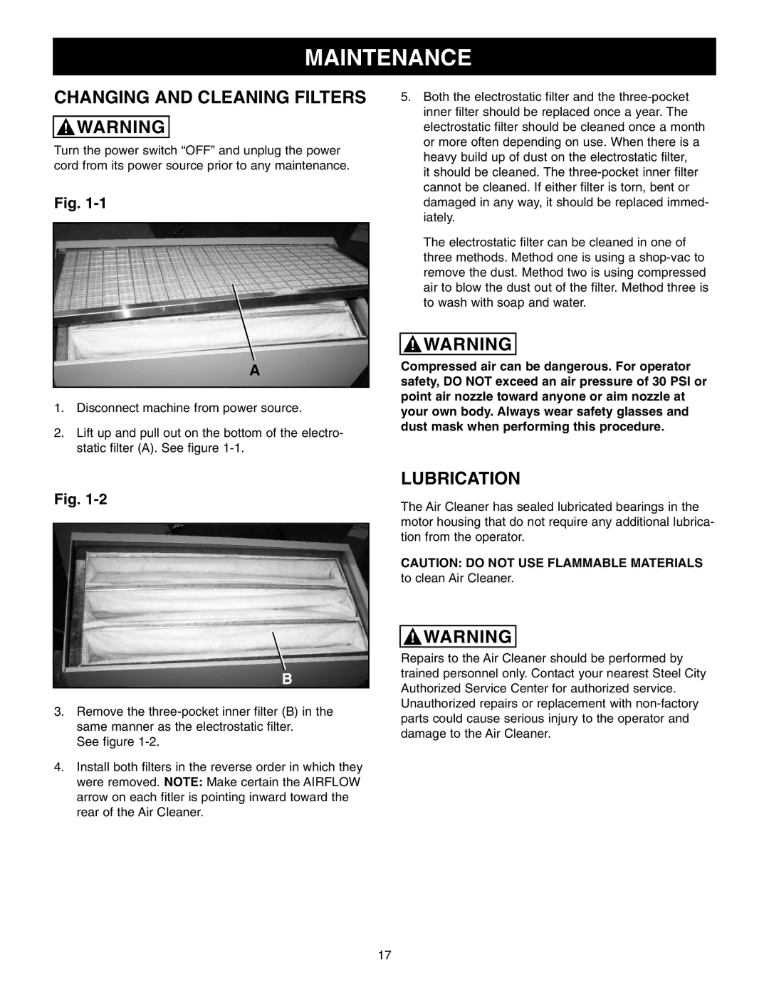 Craftsman 65100 user manual Maintenance, Changing and Cleaning Filters, Lubrication 