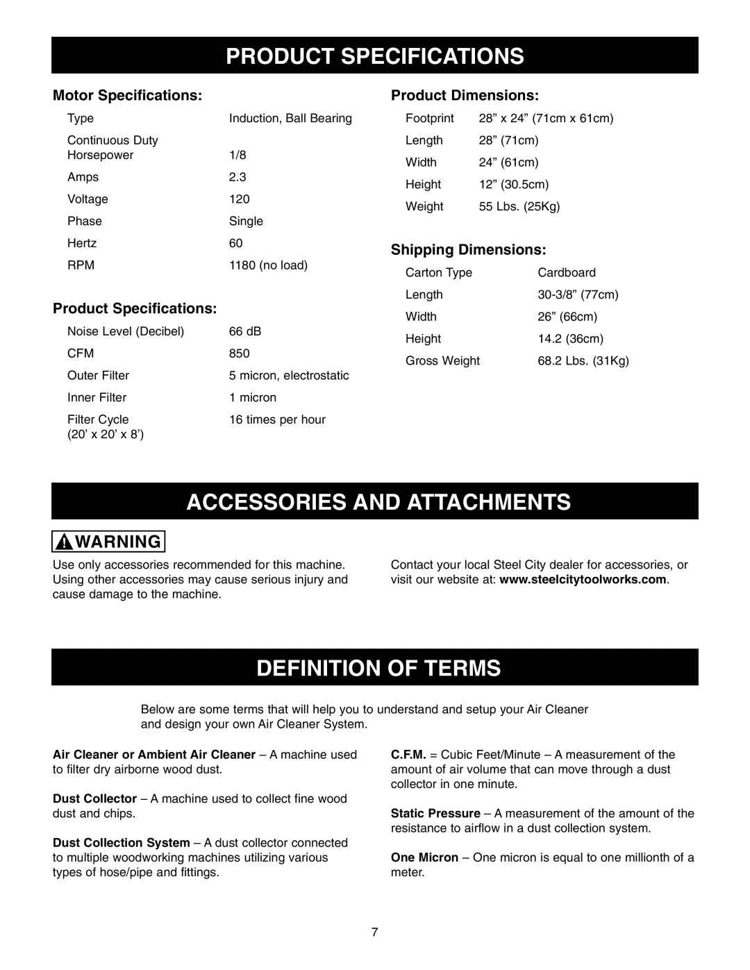 Craftsman 65100 user manual Product Specifications, Accessories and Attachments, Definition of Terms 