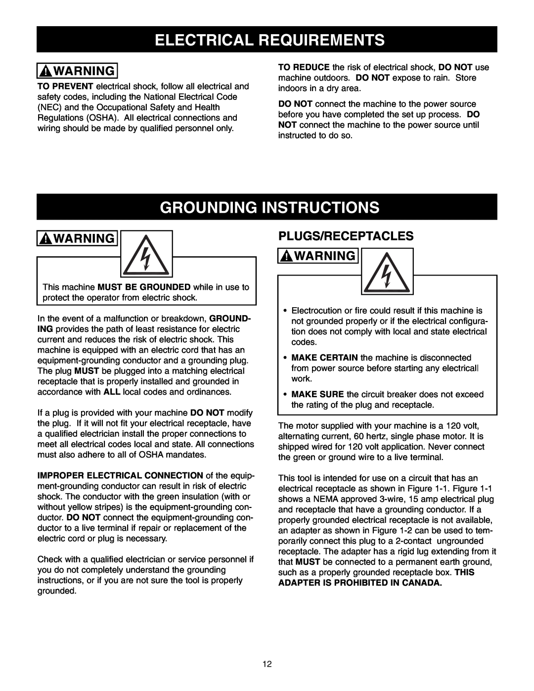 Craftsman 65100 user manual Electrical Requirements, Grounding Instructions, Plugs/Receptacles 