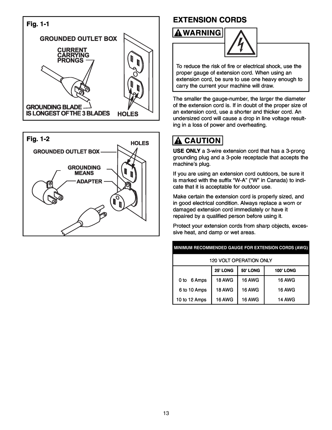 Craftsman 65100 user manual Minimum Recommended Gauge For Extension Cords Awg 