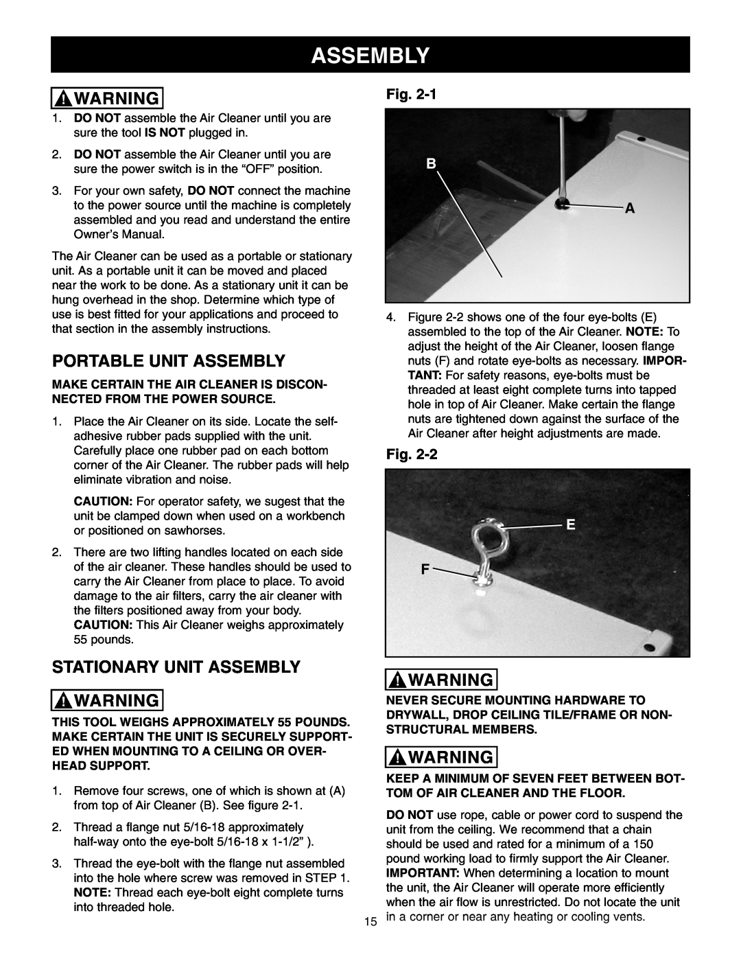 Craftsman 65100 user manual Portable Unit Assembly, Stationary Unit Assembly 