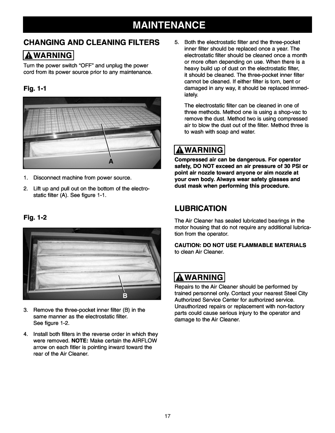Craftsman 65100 user manual Maintenance, Changing And Cleaning Filters, Lubrication 