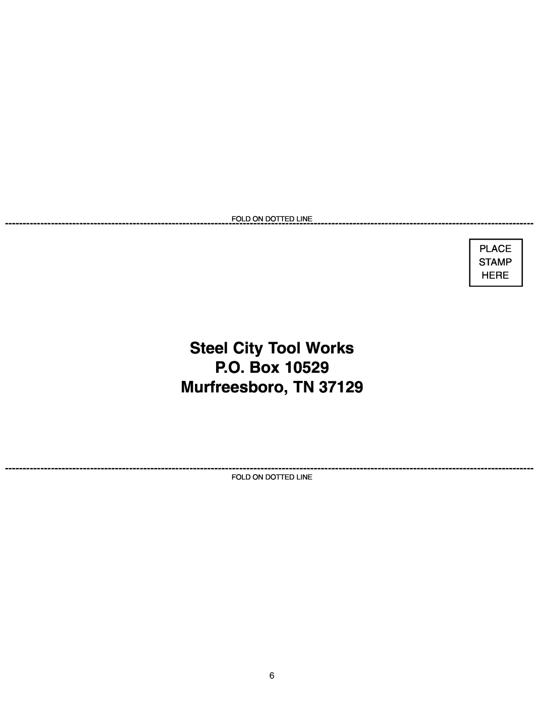 Craftsman 65100 user manual Steel City Tool Works P.O. Box Murfreesboro, TN, Place Stamp Here 