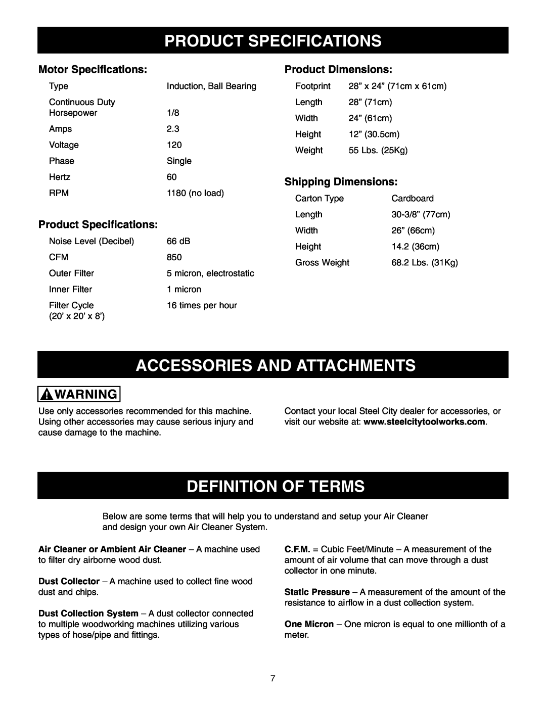 Craftsman 65100 user manual Product Specifications, Accessories And Attachments, Definition Of Terms, Motor Specifications 