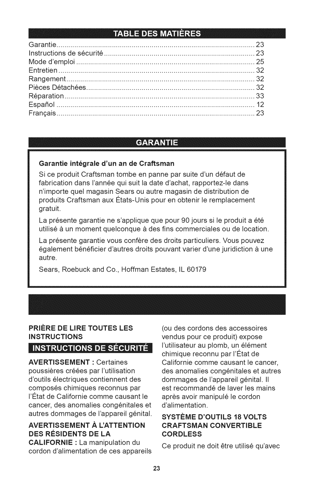 Craftsman 240.74817, 700995, 240.74291 manual Garantie integrale dun an de Craftsman, Priere DE Lire Toutes LES, Instructions 