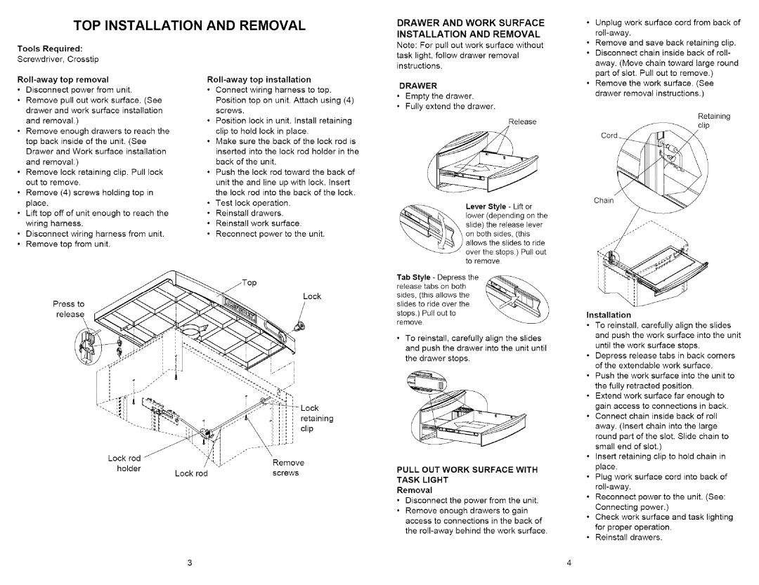 Craftsman 706.59669, 706.59668 owner manual TOP Installation, Removal, Screwdriver, Crosstip, Retaining clip, Lock rod 