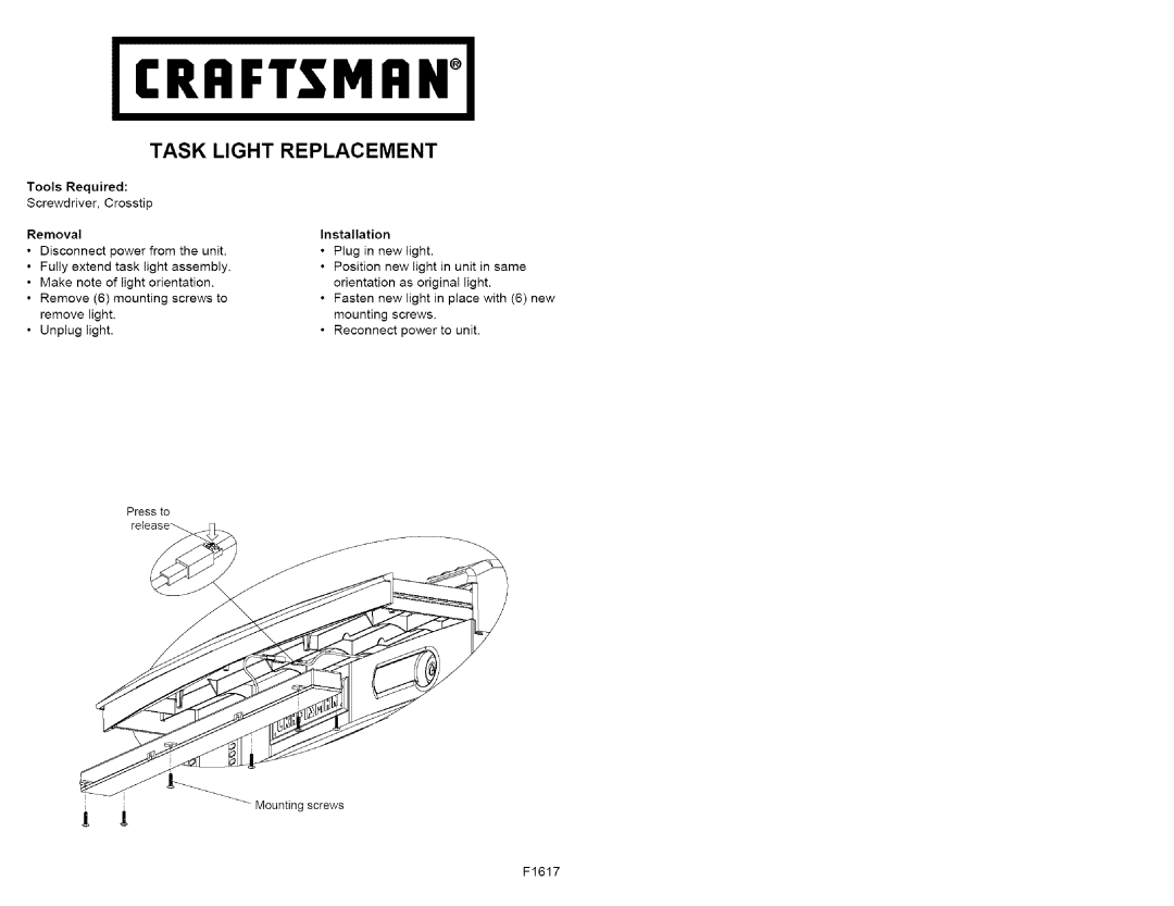 Craftsman 706.59669, 706.59668 owner manual Task Light Replacement 